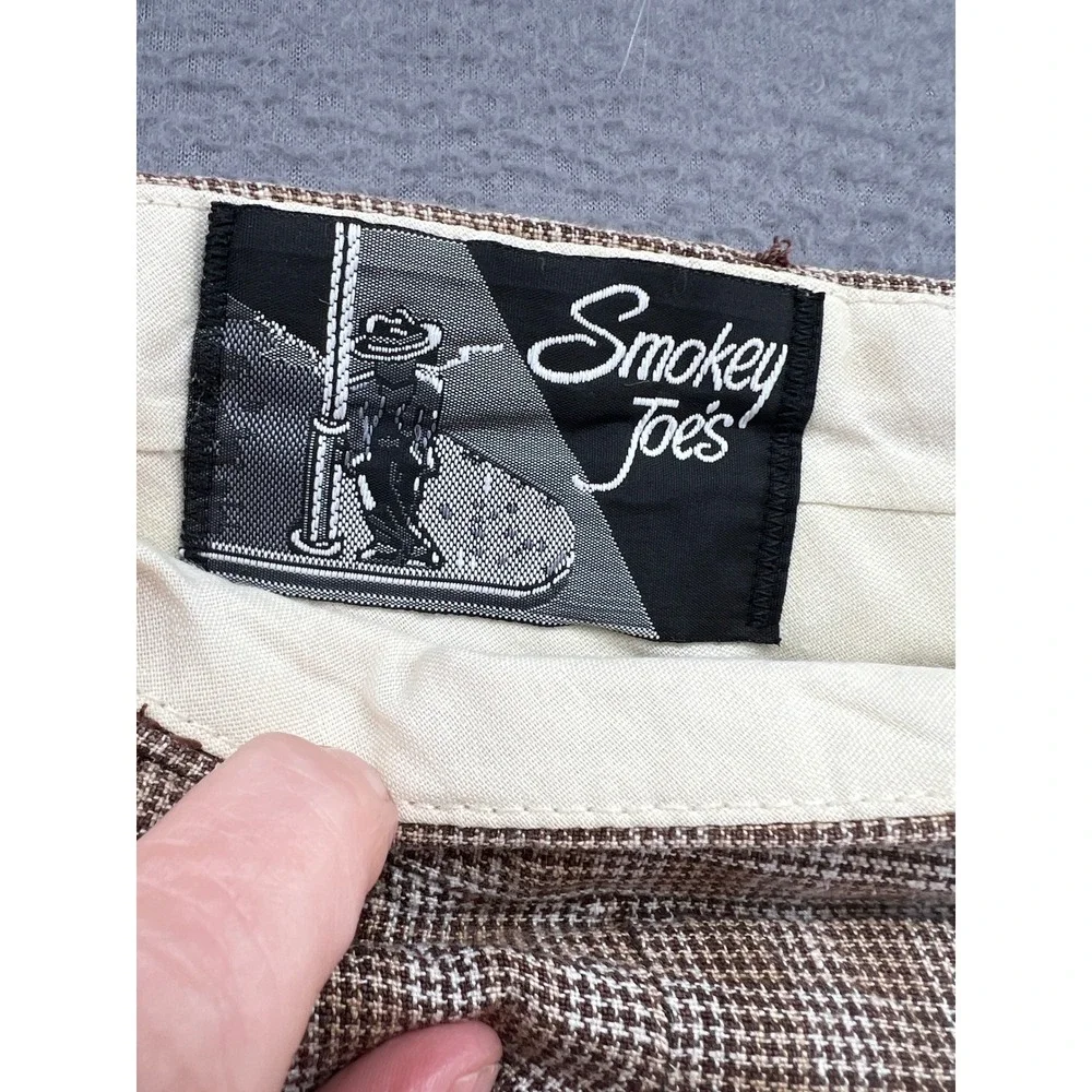 VTG Smokey Joes Pants Mens 34x28 Brown Houndstooth Pleated Cuffed Wide Leg